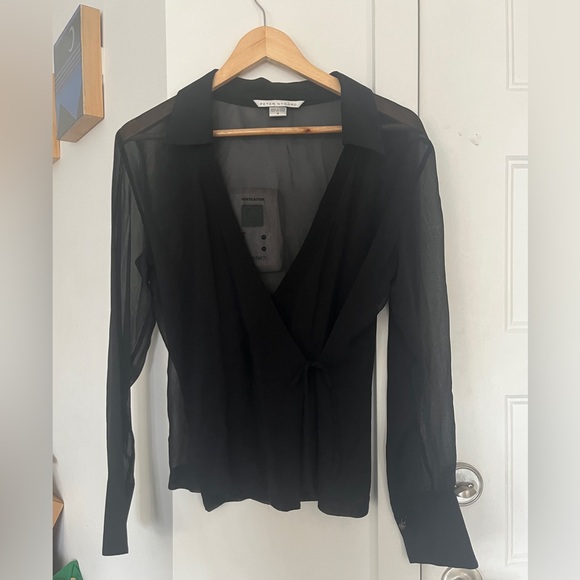 Black sheer long sleeve chiffon tie blouse with collar - Picture 1 of 5